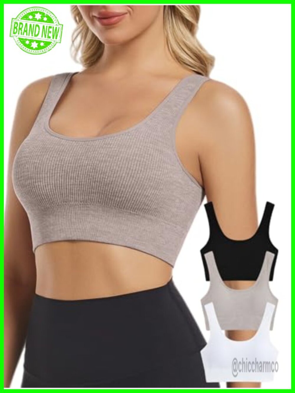 Seamless Ribbed Sports Bras for Women 3 Pack Padded Wireless Bralette